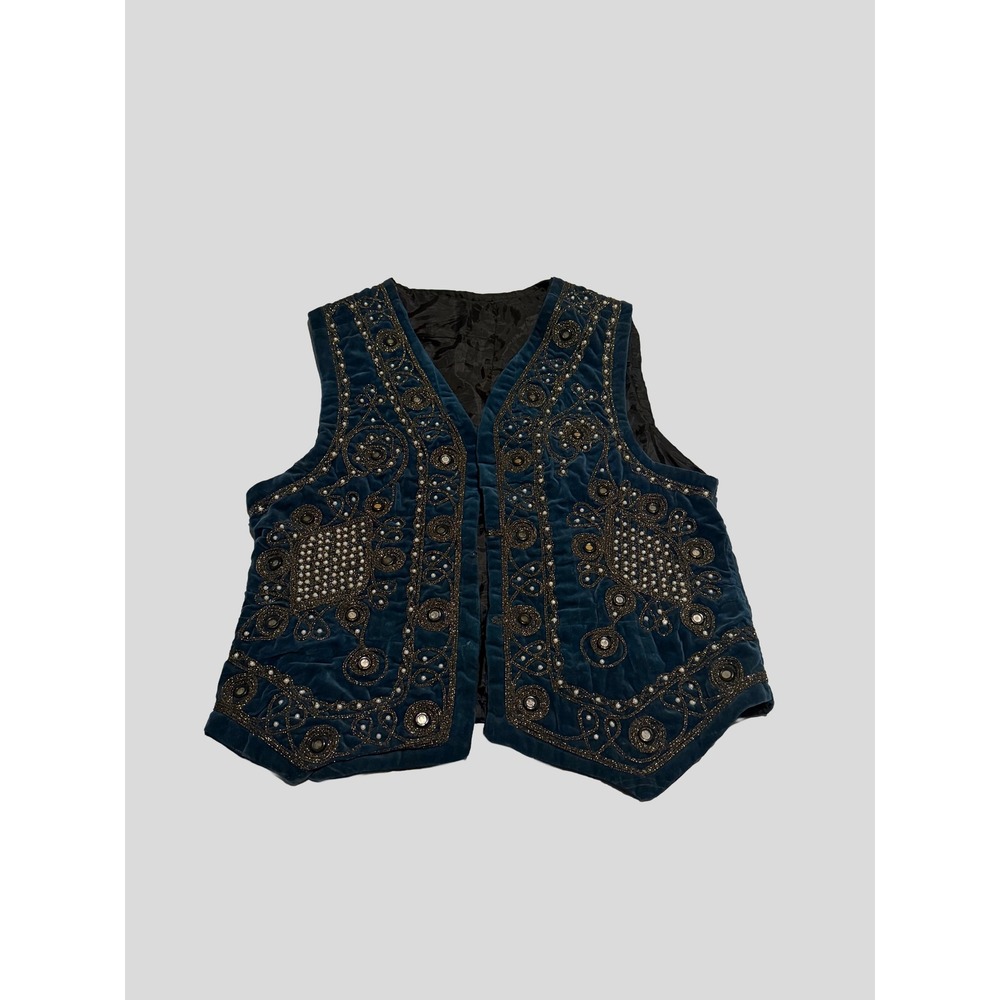 Vintage Teal Velvet Embroidered Vest Gold Shisha Mirror Pearl Boho Waistcoat